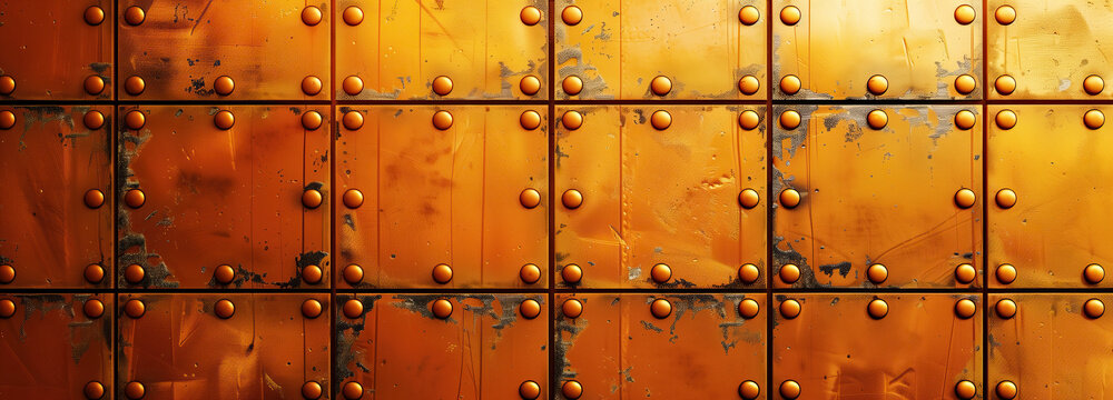 A rusted and weathered copper panel, perfect for a steampunk design. Golden rusted metal panels with rivets background texture