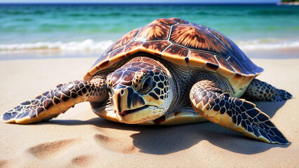 Wall Mural - Stunning Majestic Large Endangered Sea Turtle Relaxing On The Beach 300 PPI High Resolution Image Background Wallpaper