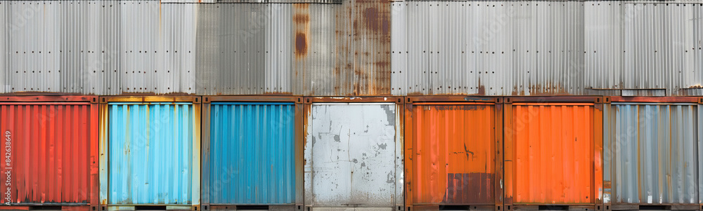 A row of colorful shipping containers with a worn, metallic texture ...