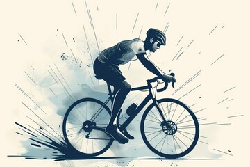 A monochromatic image of a cyclist in an action pose with a splatter background, creating a sense of movement and energy