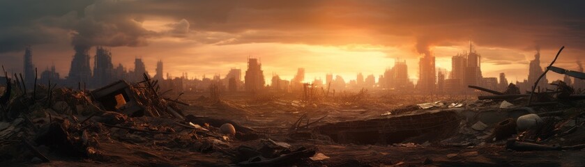 A desolate cityscape with a large building in the foreground and a large pile of rubble in the background. The sun is setting, casting a warm glow over the scene