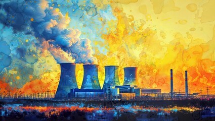 Impressionistic digital art depicting a nuclear power plant with clouds of colorful smoke billowing from the cooling towers against a vibrant background.