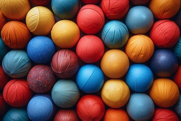 A close-up image of a colorful collection of various textured sports balls tightly packed