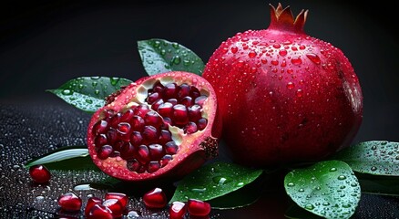 Wall Mural - Fresh Red Pomegranate With Seeds and Green Leaves on a Dark Background