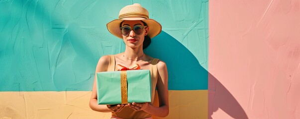 Wall Mural - Stylish woman poses with a gift box in front of a striking, colorful backdrop