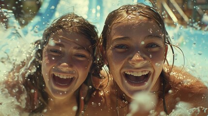 Happy Teenage Girls Sliding Down Colorful Water Slide at Summer Fun Park. Family holiday time. Generative ai.