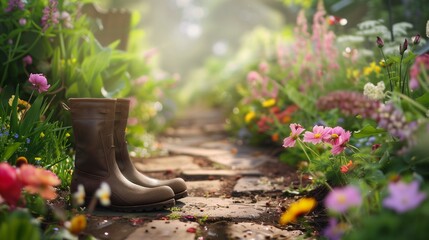 Wall Mural - A gardener's boots resting on a garden path lined with summer flowers.