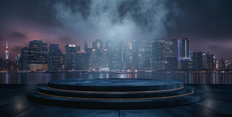 Wall Mural - Futuristic Cityscape With Circular Platform and Fog at Night