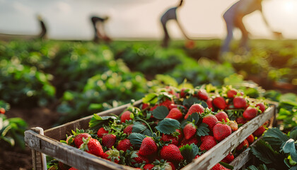 Wall Mural - Crate full of freshly picked red strawberries standing at farm field, farmers picking berries on background