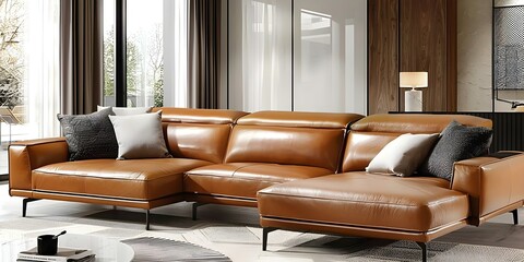 Wall Mural - Chic living room with designer leather sofa wide angle view stylish decor. Concept Living Room Decor, Stylish Sofa, Wide Angle View, Designer Leather Furniture, Chic Interior Design