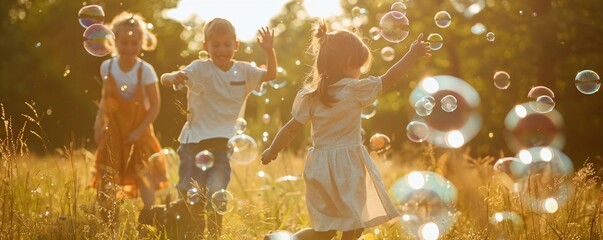 Wall Mural - Three kids having fun in a field on a sunny summer evening, chasing and playing with soap bubbles