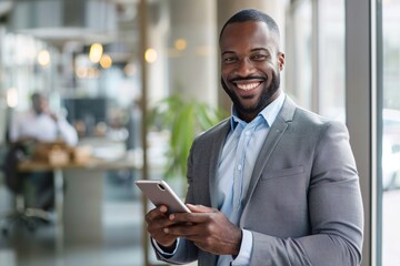 Wall Mural - Portrait of a cheerful manager holding a tablet and smiling