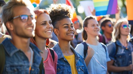 diverse group of people holding signs at a peaceful equality march