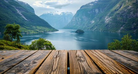 Wall Mural - Wooden Deck Overlooking Scenic Norwegian Fjord