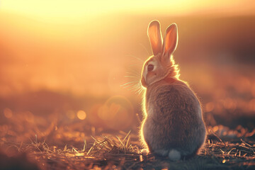 Cute little rabbit on a meadow at sunset