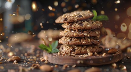 Wall Mural - A Stack of Chocolate Chip Cookies With Mint and Almonds