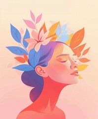 Wall Mural - Woman with flowers in hair holding a flower beauty and nature inspired fashion portrait illustration