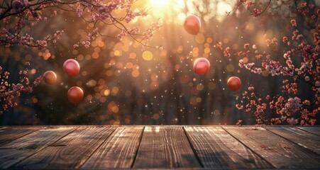 Wall Mural - Springtime Wooden Tabletop With Colorful Balloons and Blooming Flowers