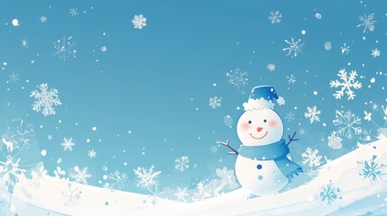 Wall Mural - A festive Christmas card backdrop featuring snowflakes and a cheerful snowman set against a serene blue background depicted in a charming 2d illustration