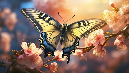 Wall Mural - A graceful swallowtail butterfly with elegant yellow and black wings is sipping nectar from a flower.