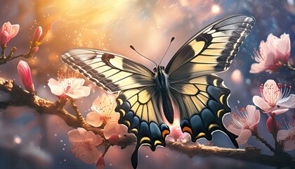 Wall Mural - A graceful swallowtail butterfly with elegant yellow and black wings is sipping nectar from a flower.