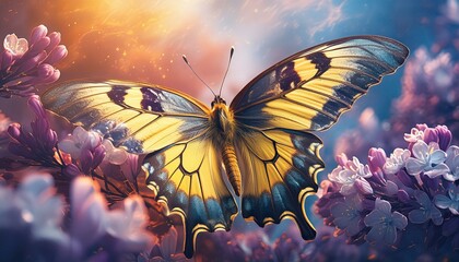 Wall Mural - A magnificent giant swallowtail butterfly with yellow and black wings is gracefully hovering in the air.