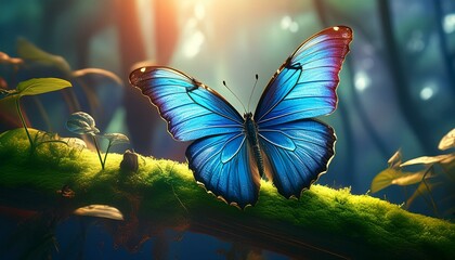 Wall Mural -  A stunning blue morpho butterfly with iridescent blue wings, resting on a lush green leaf. 