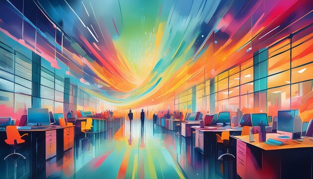 A vibrant abstract painting captures the pulse of a busy office. Dynamic lines and bursts of color suggest 