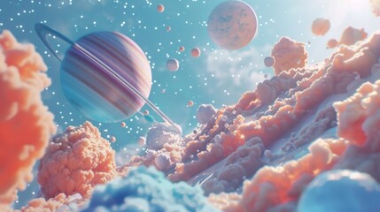 Wall Mural - Open space universe galaxy planets background, style 3D, fantasy, clouds, pastel colors.