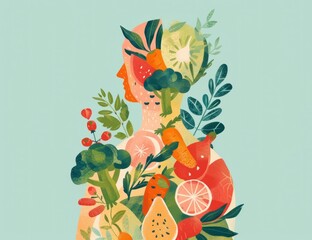 Healthy lifestyle concept woman adorned with fruits and vegetables for nutrition and wellness theme