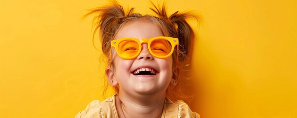 Wall Mural - Cheerful stylish little girl with yellow sunglasses laughing against sunny yellow backdrop