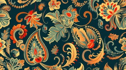  Floral seamless pattern in Paisley style with an ornamental Damask background