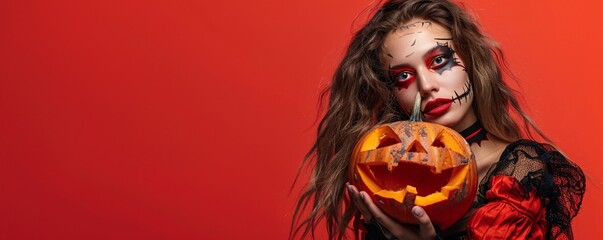 Wall Mural - Young woman with halloween makeup is holding a carved pumpkin on a red background