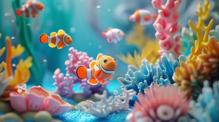 Wall Mural - Cute cartoon underwater background, style 3D, colorful, tropical.