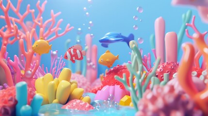 Wall Mural - Cute cartoon underwater background, style 3D, colorful, tropical.