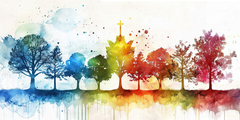 Wall Mural - The Spiritual Garden: Religions as Trees in a Global Grove - Visualize different religions as trees in a spiritual garden, each rooted in its own tradition yet reaching towards a common sky