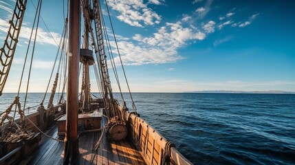 Wall Mural - A sailboat is sailing in the ocean with the sun shining on the sails. The boat is surrounded by water and the sky is clear