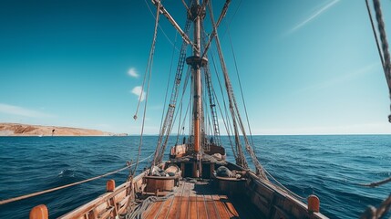 Wall Mural - A sailboat is sailing in the ocean with the sun shining on the sails. The boat is surrounded by water and the sky is clear