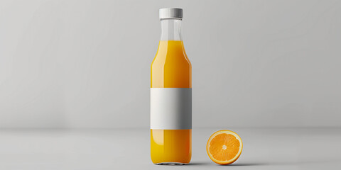 Wall Mural - A glass bottle filled with orange juice, with a white label, stands on a gray surface. A half-sliced orange rests to the right of the bottle mockup