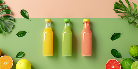Wall Mural - A flat lay showcasing three glass bottles filled with colorful juices on a green and pink background, surrounded by citrus fruits and leaves mockup
