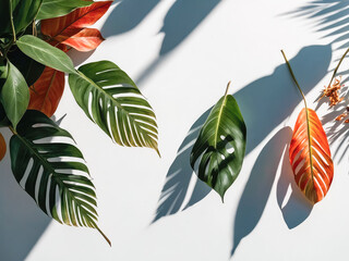 Wall Mural - creative layout of colorful palm leaves on a white background in the rays of the sun, with shadows. 