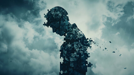 silhouette of a sad military man which has PTSD, formed from piecies of jigsaw puzzle falling apart a little