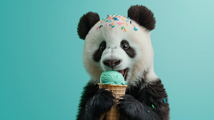 Adorable panda enjoying an ice cream cone  in a pastel background. 