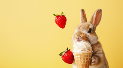 Adorable bunny enjoying an ice cream cone with a strawberry taste topped with whipped cream in a pastel yellow background.