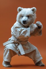 Bear in white gi, orange background, striking pose