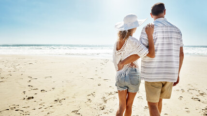 Wall Mural - Love, hug and back of couple at a beach with support, care and trust while bonding on summer break together. Travel, relax and calm people embrace at the ocean for adventure, journey or trip in Miami