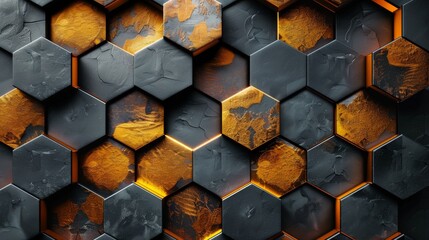 Wall Mural - Close-up of a dark wall with rusted hexagonal patterns and orange accents showing wear and texture