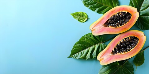 Wall Mural - Top view of fresh papaya with green leaves on blue background. Concept Fruit Photography, Papaya, Fresh Produce, Food Styling, Top View Shot