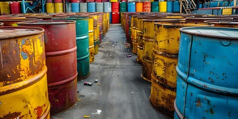 Wall Mural - Barrels at hazardous waste disposal site show improper handling of toxic materials. Concept Hazardous Waste, Improper Handling, Toxic Materials, Disposal Site, Barrels