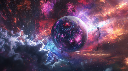 Wall Mural - A pulsating orb of celestial energy, emanating waves of vibrant color and ethereal sound that reverberate through the cosmic expanse, a captivating display of cosmic artistry.